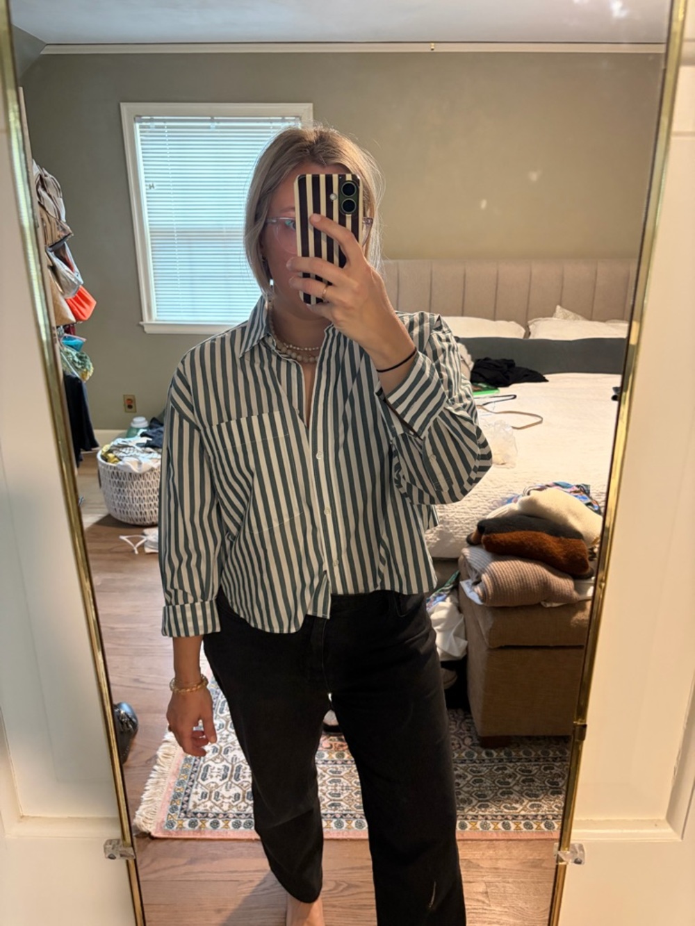 Banana Republic the boxy cropped button down shirt in green stripe NWT - Picture 2 of 8
